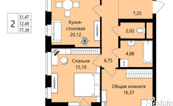 2-комн квартира в новом доме жилой район Юбилейный, 3-й микрорайон