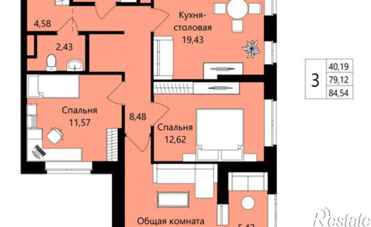 3-комн квартира в новом доме жилой район Юбилейный, 3-й микрорайон